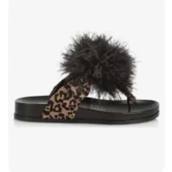 Aquazzura Boudoir Feather-Trimmed Black Animal Print Thong Sandals 7.5 - Picture 11 of 11